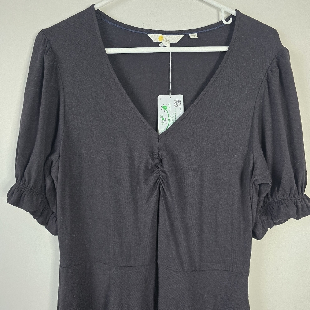 NWT Boden Black V Neck Jersey Mini Dress 8R Ruffle Sleeves Gathered Front - Picture 3 of 12